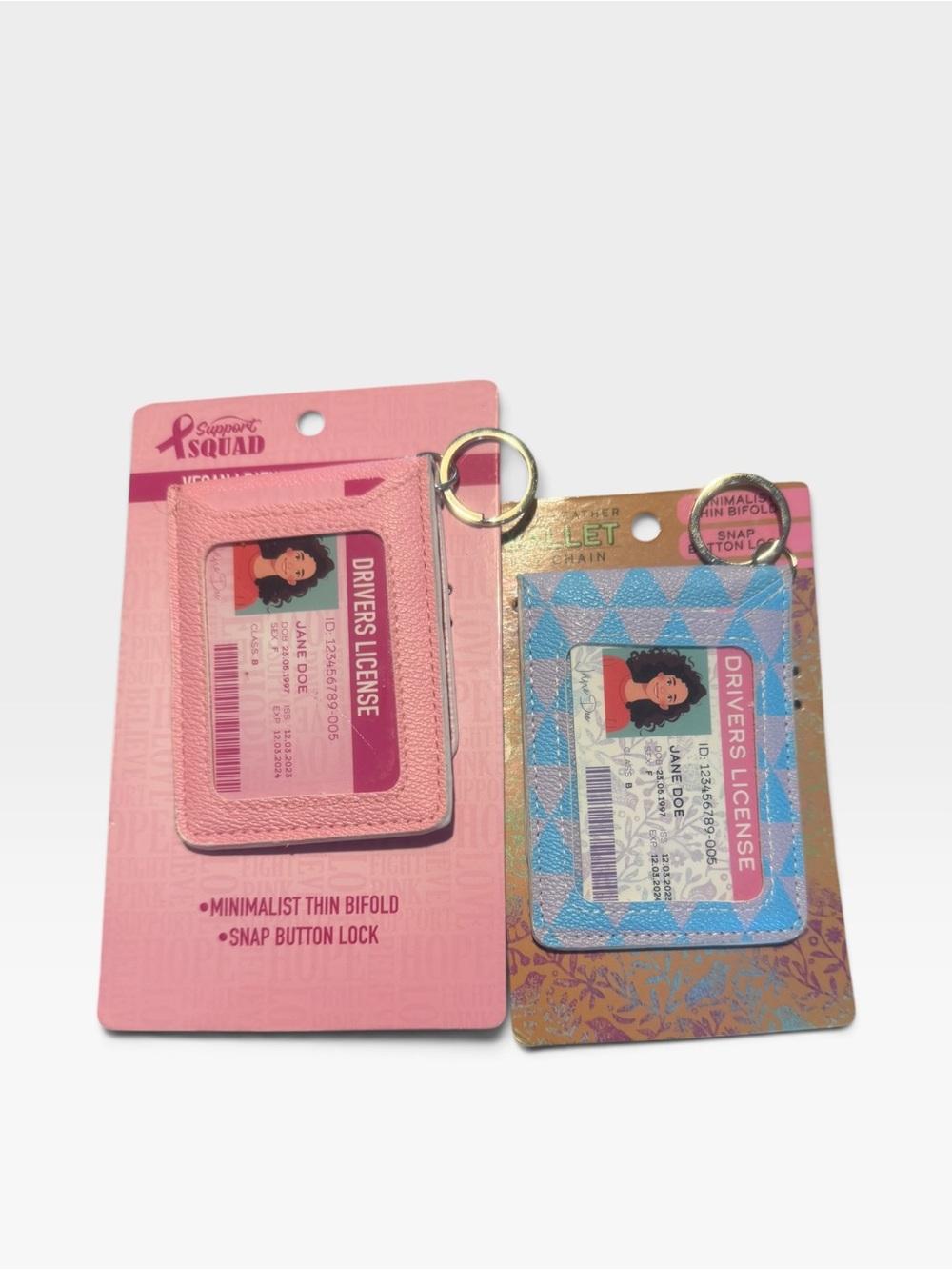 Pink and Blue Leatherette ID Card Holders / wallet with Key Ring